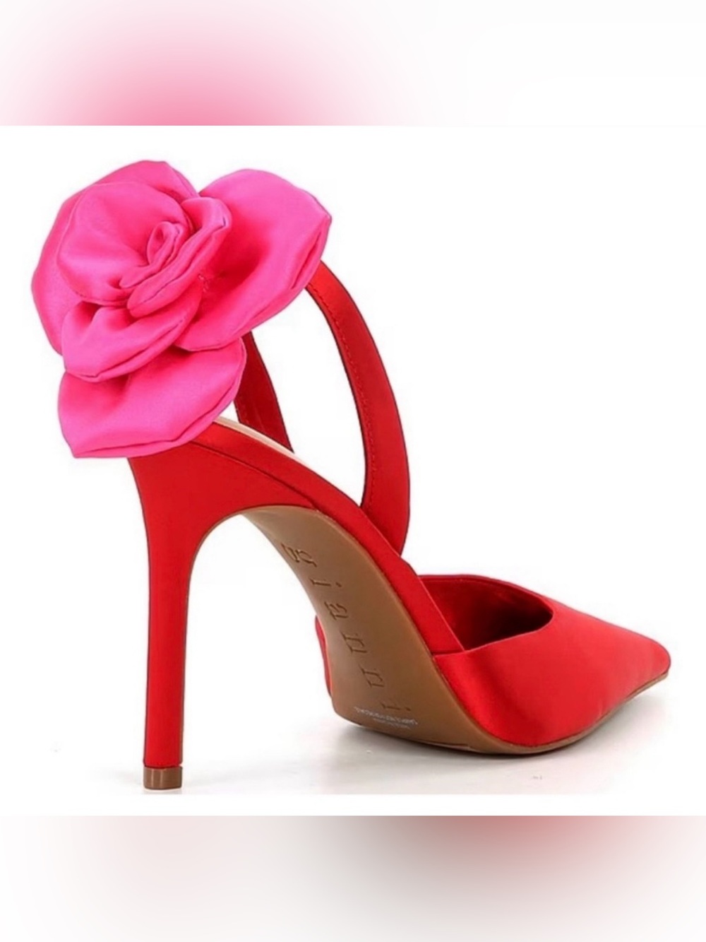 Gianni Bini Malone Red Satin Stiletto with 3D Pink Floral Accent Size 10
